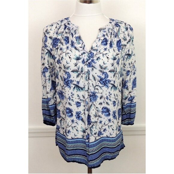 Rose & Rhyme Womens 3X Blouse Top Blue Floral Tunic Ikat Plus Size Print Rayon - Picture 5 of 11